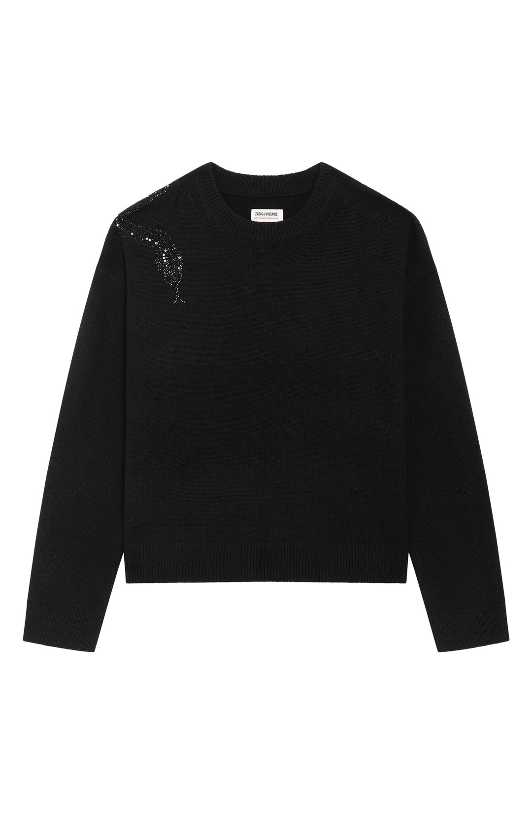 Zadig & Voltaire black cashmere crewneck sweater with crystal snake embellishment on shoulder