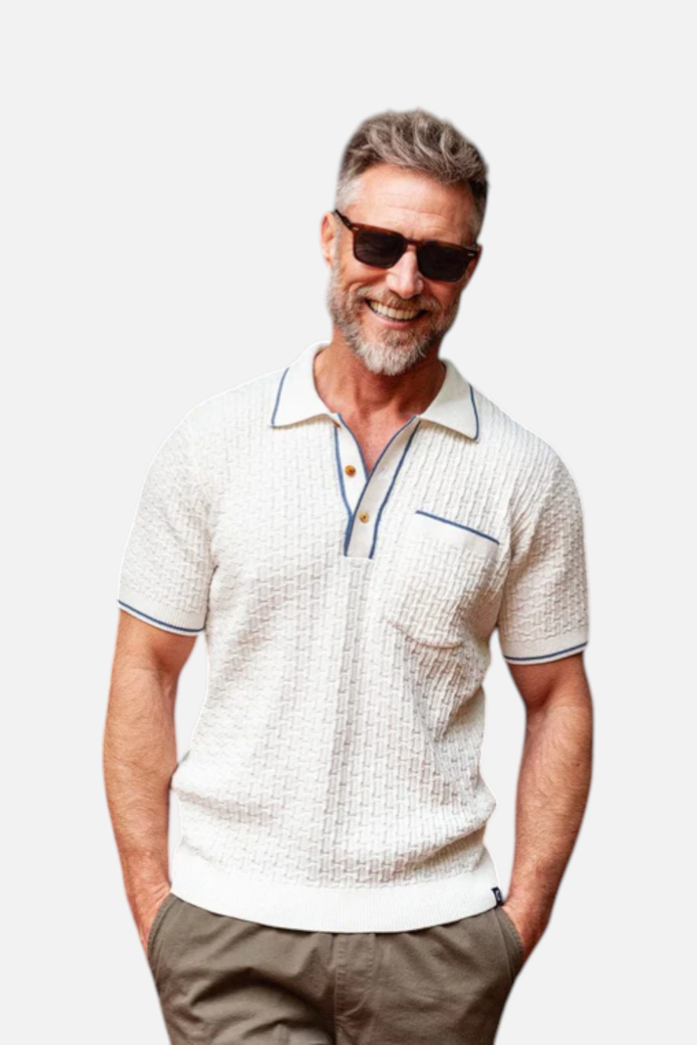 Man wearing cream colored Criquet Bungalow Sweater Polo with blue trim