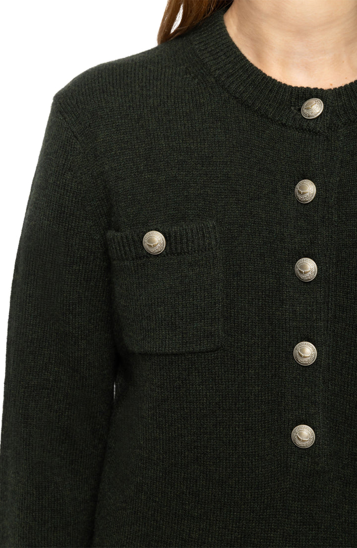 Dark forest green knit cardigan with silver Zadig & Voltaire embossed buttons and chest pocket