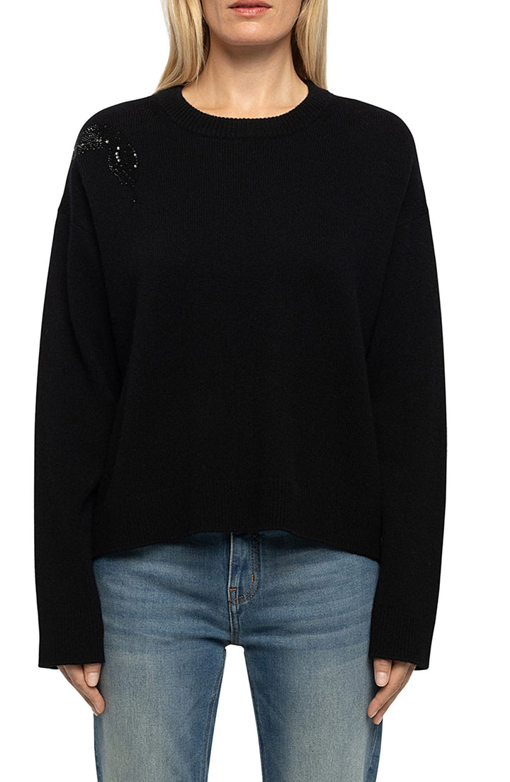 Zadig & Voltaire Markuz Lc Snake black knit sweater with embellished shoulder detail