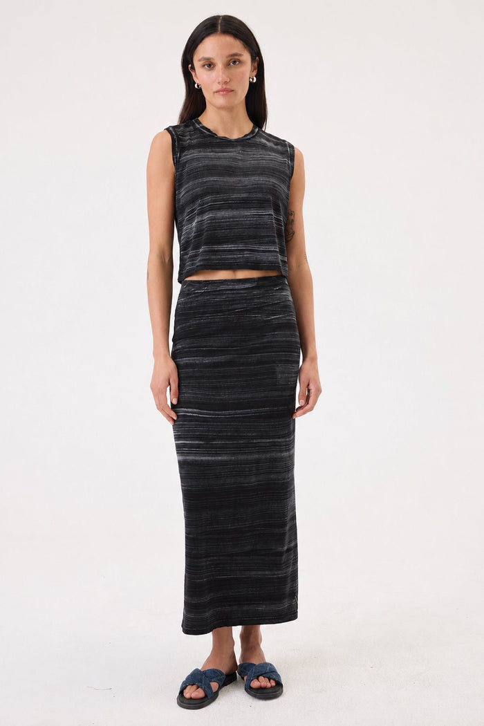 Goldie Sleeveless Crop TD Stripe top in black and grey space-dye stripe pattern