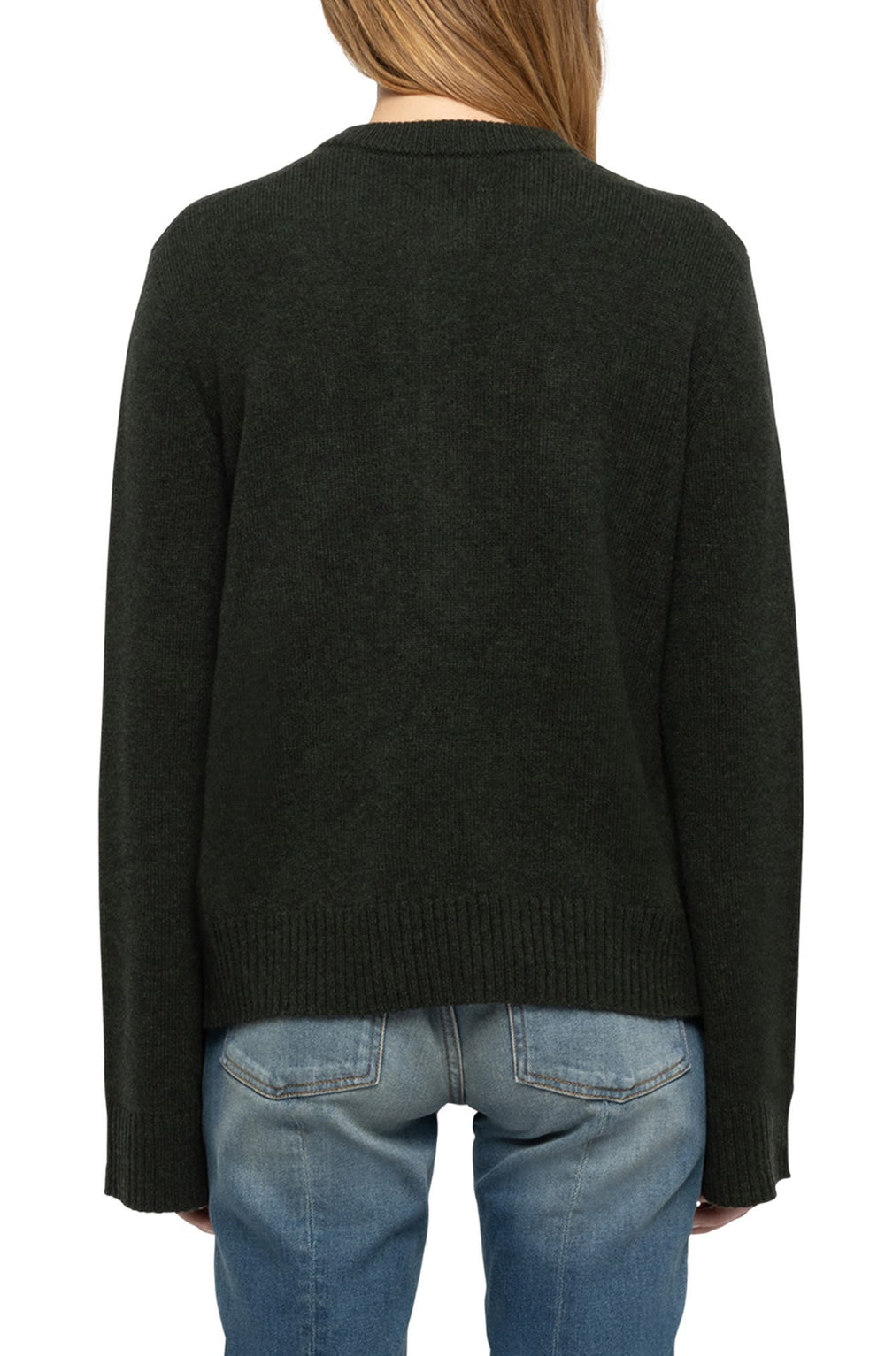 Dark forest green Zadig & Voltaire Lucala cashmere sweater back view on model