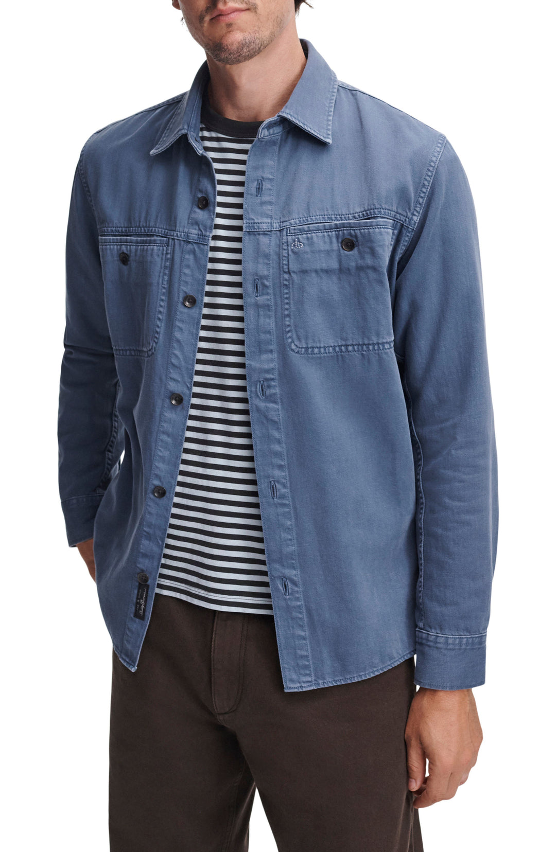 Rag & Bone overdyed blue denim workwear shirt worn open over striped tee