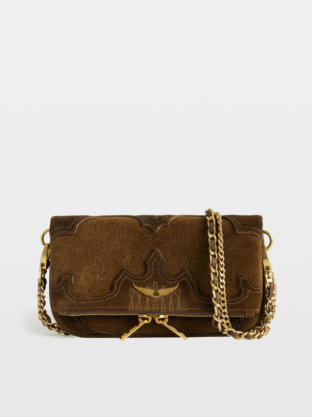 Zadig & Voltaire Rock Nano Western brown suede crossbody bag with gold chain strap