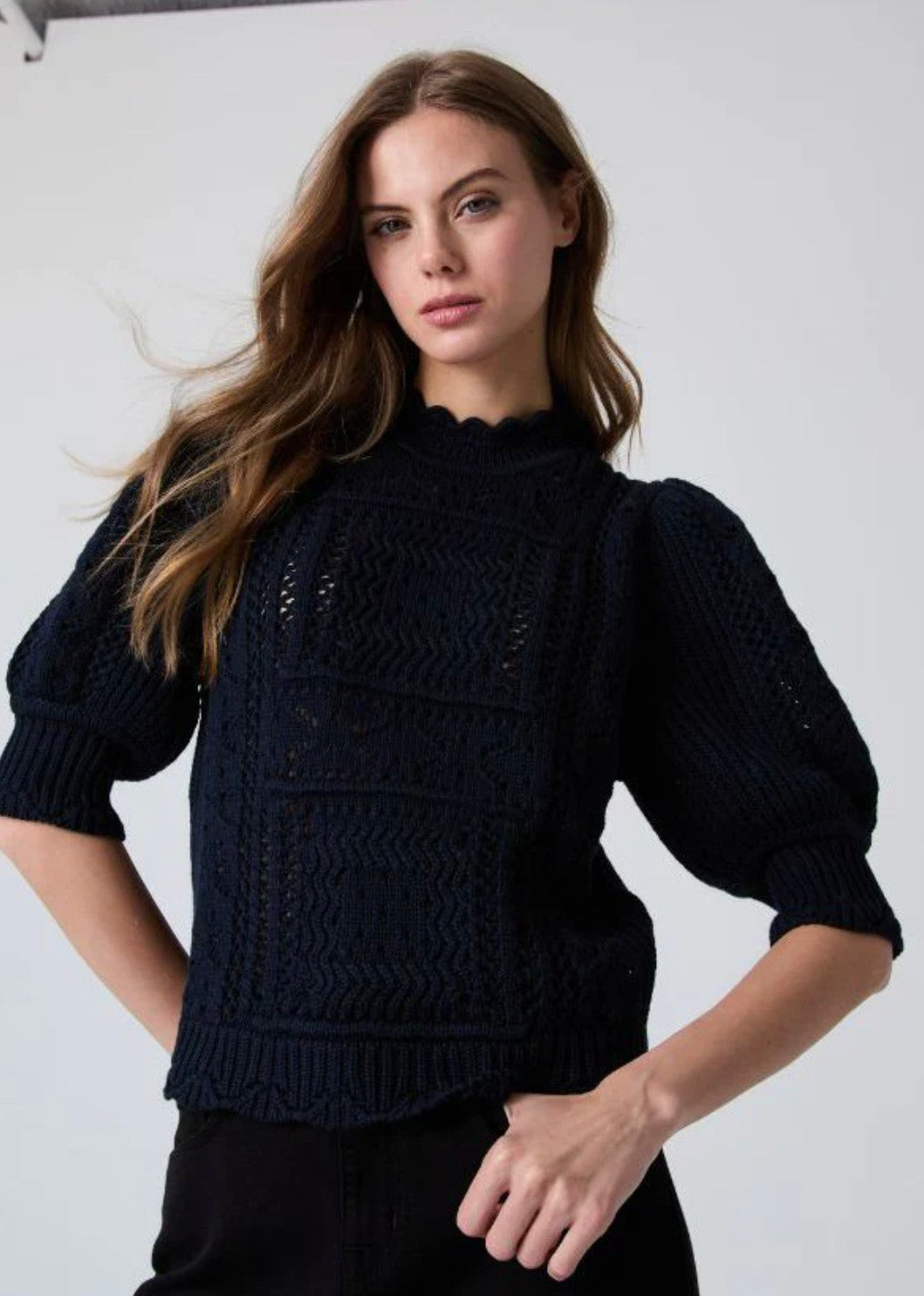 Autumn Cashmere W Puff Sleeve Tile Stitch Crew