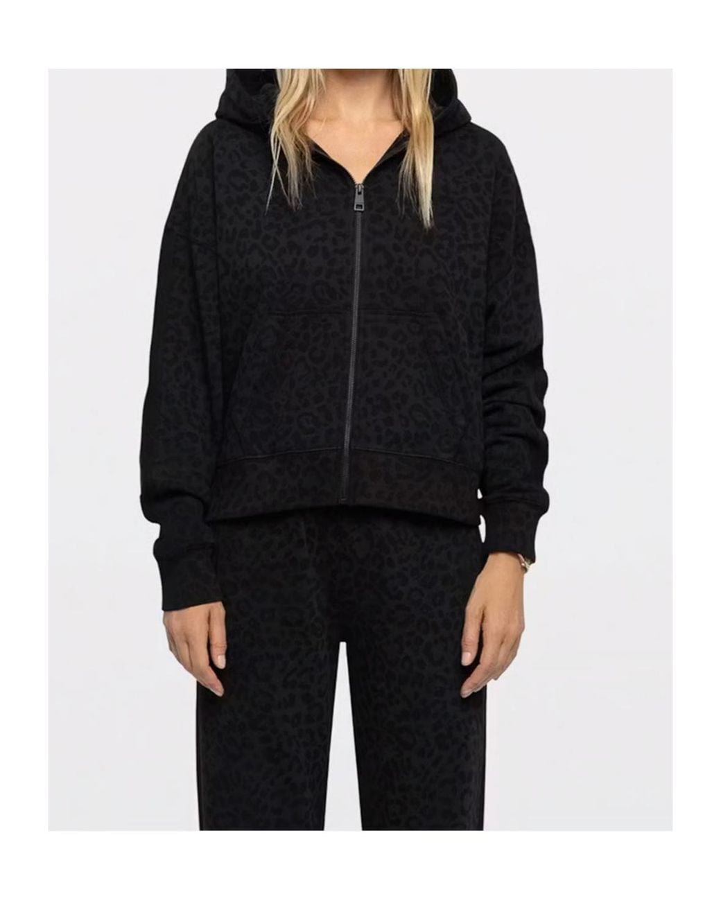 Black leopard print zip-up hoodie sweatshirt with matching pants set
