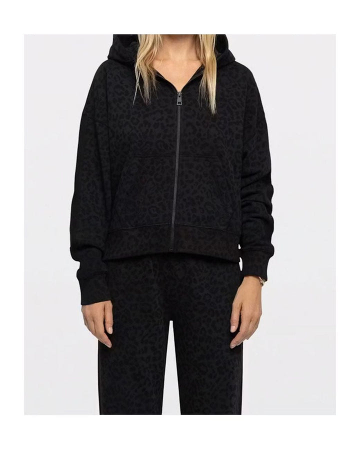 Black leopard print zip-up hoodie sweatshirt with matching pants set